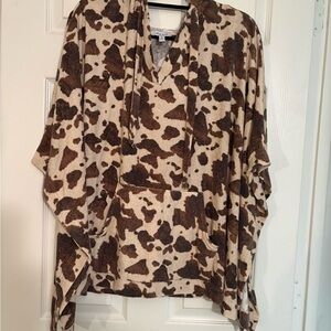 Cozy Cowprint Hooded Poncho Top - Brown/Beige